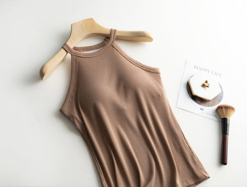 Slim Halter Neck Off-Shoulder Camisole Tops for Women - Stylish Solid Tank Tees with Chest Pad for Comfortable Summer Wear